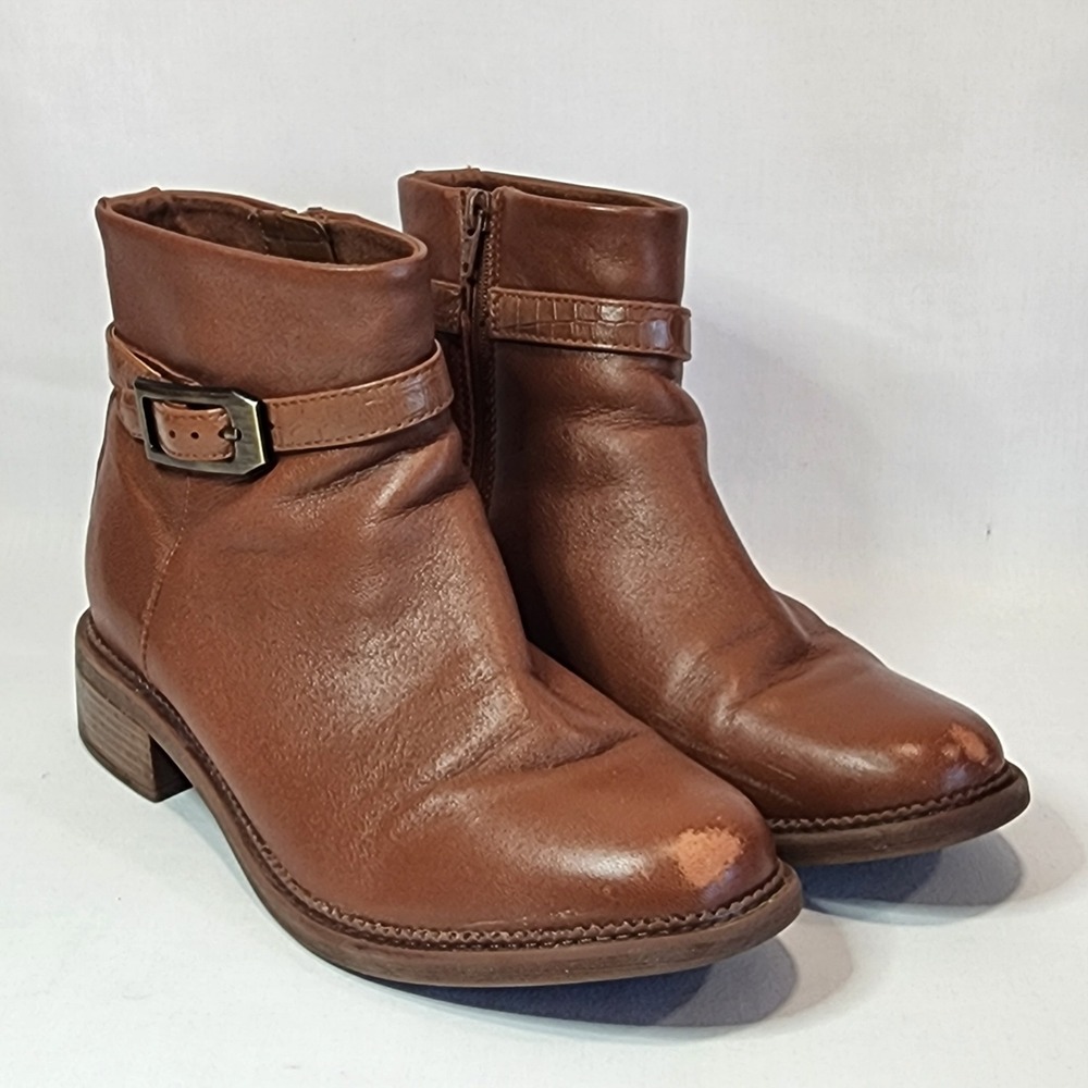 Clarks Collection Womens Tan‎ Brown Leather Ankle Boots Buckle Zip 9.5 M